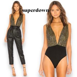 Superdown Niko Deep V Bodysuit Large Metallic Gold Black Tank Top Blouse Shirt